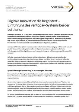Presseaussendung Digitale Innovation die begeistert – Einführung des ventopay-Systems bei der Lufthansa